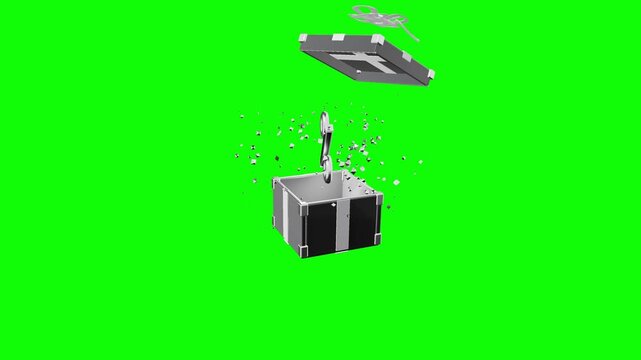 Gift box opens with exploding silver percentage symbol and flying confetti debris on green screen in 3D animation