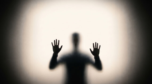 Monster eye scary shadow silhouette figure hand gesture blurred backlight. Halloween horror evil ghost. creepy supernatural creature nightmare, glowing darkness fantasy fear