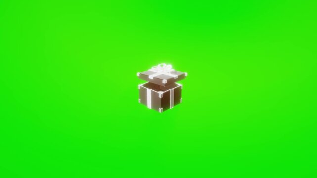Glossy black gift box wrapped with glowing white ribbon turns on vibrant chroma key backdrop in 3D rendering