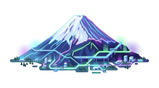Futuristic neon mt fuji vector city landscape with glowing circuits