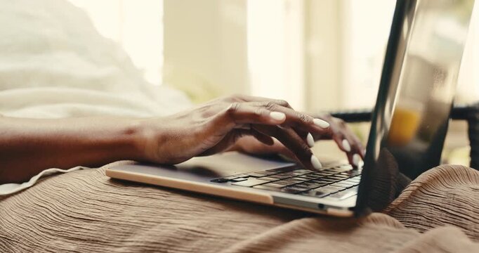 Hands, typing and woman on laptop for travel blog, online article and hotel review for remote work. Freelancer, hospitality and person on computer for research, copywriting and report for tourism