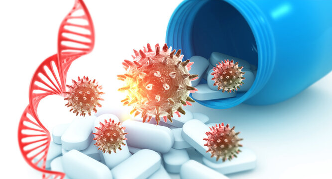Pharmaceutical medicine pills and bottle alongside glowing virus pathogens and a DNA double helix strand on a scientific background.