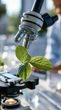 Close up of a healthy green leaf positioned under a microscope for plant cell research bright clean agricultural laboratory setting with soft even lighting and organized equipment bright