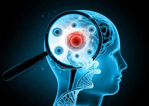 Magnifying glass analyzing human brain cells and a glowing DNA strand on a scientific background.