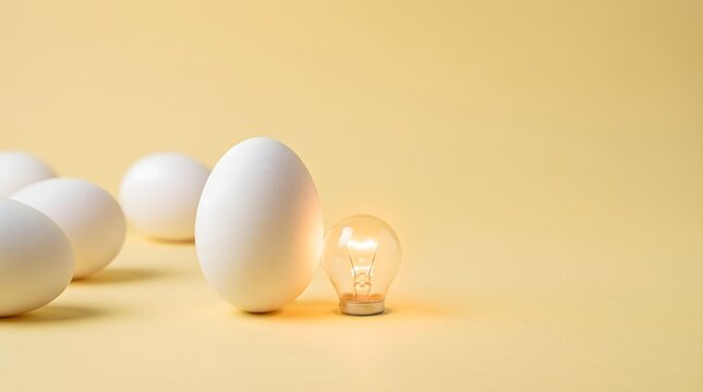 White Eggs Arranged With A Glowing Light Bulb Symbolizing New Creative Ideas