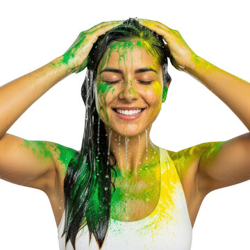 Woman with colorful paint on face.