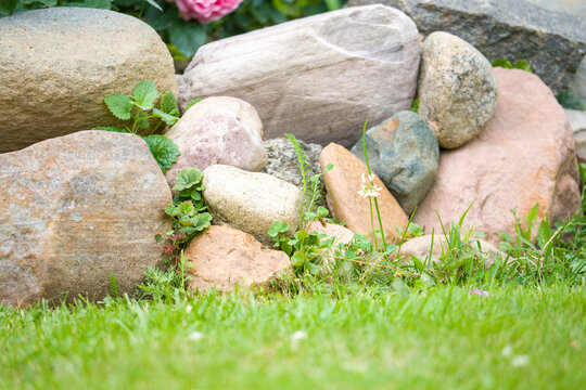 Smooth gray stones rest on pink and brown rocks. Green grass fills the foreground with fine blades. Small plants sprout between the stones naturally