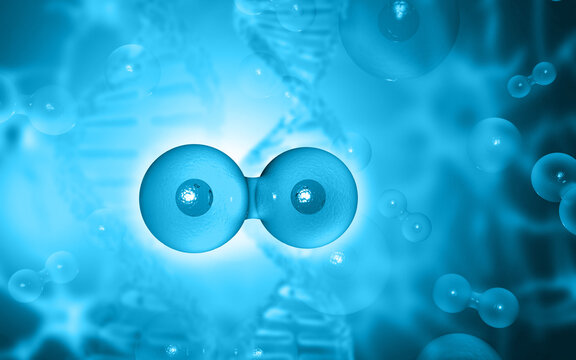 Microscopic view of organic human cells dividing against a glowing scientific blue background with floating molecules and genetic structures.