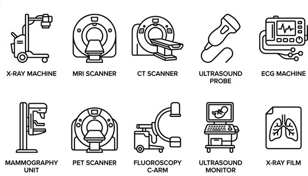 Medical diagnostic imaging equipment and radiology devices line icons featuring machine scanner probe monitor unit film fluoroscopy ECG