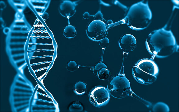 Glowing DNA double helix strand structured with atom particles over an abstract scientific background filled with floating chemical molecules.
