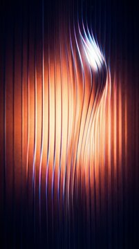 Abstract vertical ribbed metallic surface with a smooth curved bulge creating glowing highlights and deep shadow gradients in orange and blue tones for modern tech background