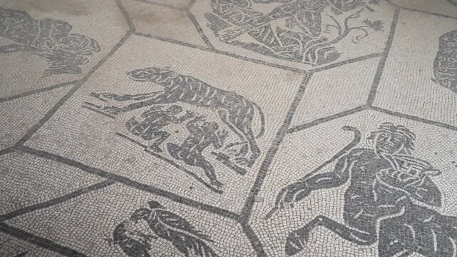 Black and white tesserae mosaic shows the she‑wolf with Remus and Romulus surrounded by mythological figures at an Italian archaeological site.