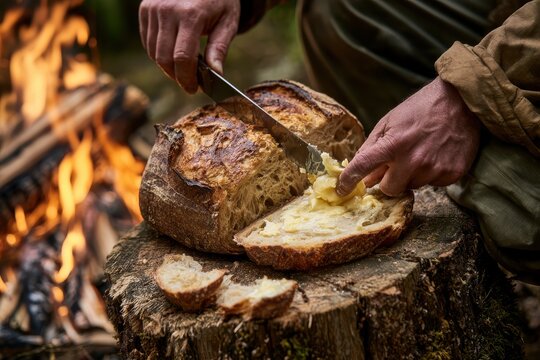 Slicing a thick loaf of sourdough bread on a tree stump, spreading campfire-softened butter