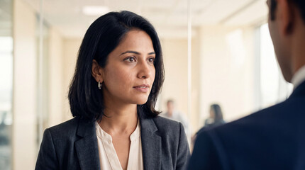 Obraz premium Indian businesswoman listening to a colleague during a professional meeting in an office
