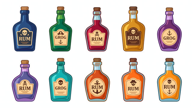 Set of colorful stylized rum and grog bottles with pirate themed skull and anchor labels.