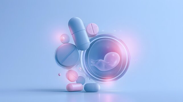 Floating pills and an embryo inside a glowing sphere against a blue background. Medical concept for prenatal care, fertility treatment, and pharmaceutical development.