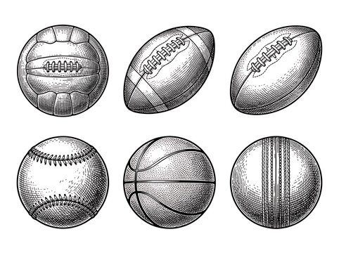 Collection of various sports balls in retro style illustration
