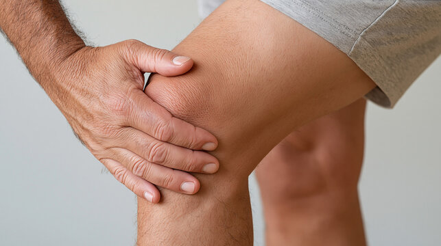 Close-up of a man's hand touching the exact painful point on his knee against a bright neutral background, face outside frame, realistic skin and joint detail, knee pain, arthritis, tendon