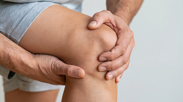 Close-up of a man's hand touching the exact painful point on his knee against a bright neutral background, face outside frame, realistic skin and joint detail, knee pain, arthritis, tendon