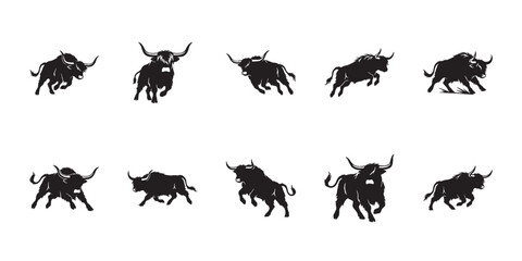 Obraz premium Highland cattle side profile vectors. Group of strong bull silhouette icons showcasing different standing and grazing animal poses.