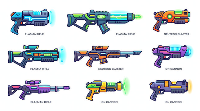 Set of neon sci-fi blasters and plasma rifles for digital game development projects