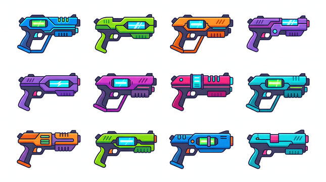 Set of colorful futuristic sci-fi blaster guns for video game assets and toy design.