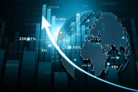 Commercial growth financial chart with an upward rising arrow curving around a realistic planet Earth globe on digital business background.