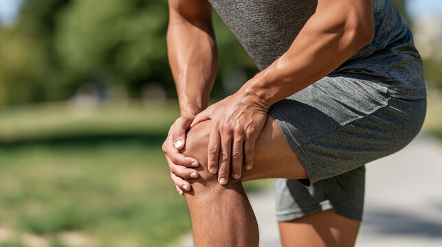 Runner pausing during a bright outdoor workout and clutching an injured knee, body bent slightly forward, face turned away and blurred, green park background and natural daylight, knee