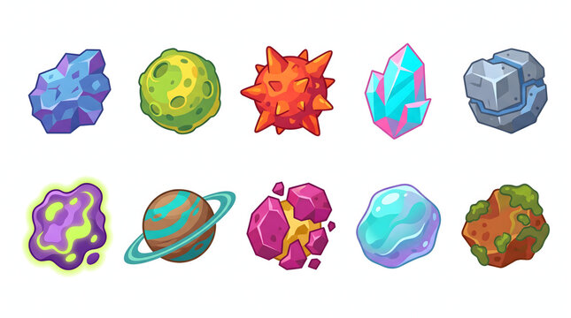 Colorful cartoon space game assets featuring stylized planets asteroids and crystal meteorites