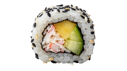 Sushi roll with crab avocado and egg coated in sesame seeds, isolated on transparent background © Charlie