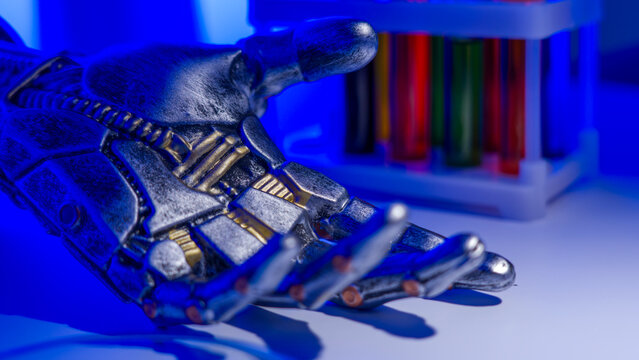 Metallic robotic hand with exposed gears and joints. Blue light highlights intricate mechanical details. Extended fingers curve toward the viewer. Colorful test tubes blur in the background