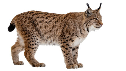 Eurasian lynx with spotted fur standing alert, isolated on transparent background © Charlie