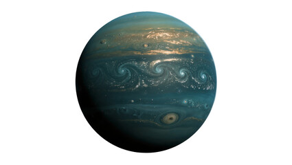 Swirling turquoise and gold Jupiter atmosphere with Great Red Spot, isolated on transparent background © Charlie