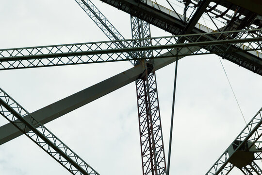 Low angle view of steel framework and truss girders of overburden conveyor bridge F60