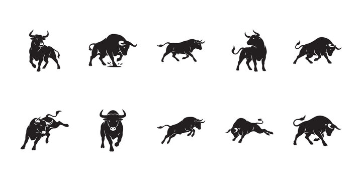 Spanish fighting bull silhouettes set. Dynamic black toro bravo vector icons depicting aggressive livestock poses.