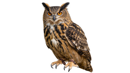 Fototapeta premium Eurasian eagle-owl with orange eyes and brown patterned feathers, isolated on transparent background