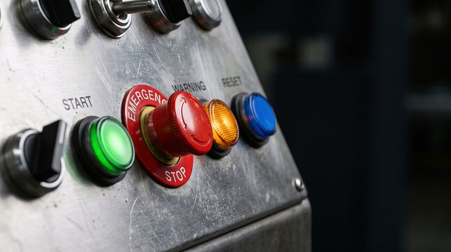 Industrial control panel with emergency stop button and various controls on scratched metal surface for machinery operation and safety systems.