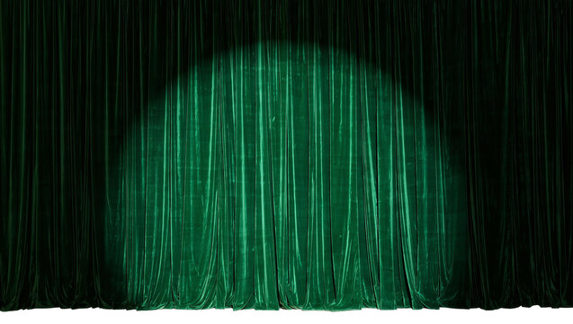 Dark green velvet stage curtain with spotlight, isolated on transparent background
