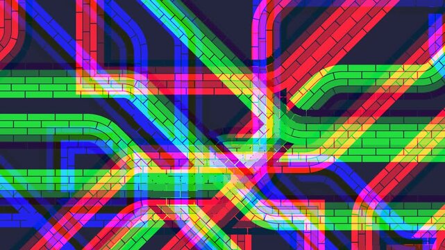 vibrant abstract animation displays a complex network of intertwining colorful stripes, dynamic, loopable digital background