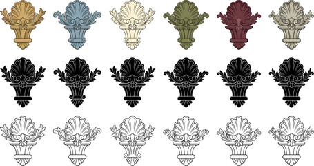 Vintage baroque architectural corbel bracket vector set featuring classical shell basin ornaments colorful silhouettes and detailed line art designs. © AFSANA AKTER