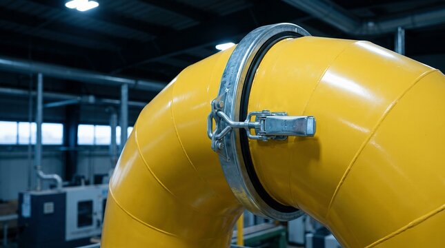 Industrial pipeline, yellow pipe elbow with metal clamp in factory, energy infrastructure and manufacturing concept.