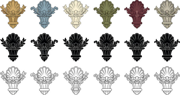 Vintage baroque architectural corbel bracket vector set featuring classical shell basin ornaments colorful silhouettes and detailed line art designs.