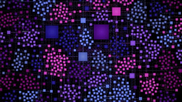 Illuminated purple and blue digital data network matrix pulses continuously in a futuristic technology motion background video