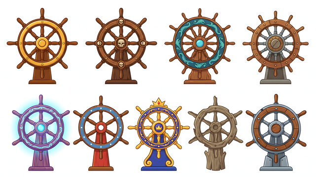 Collection of decorative maritime helm icons including pirate skulls and fantasy ship wheels.