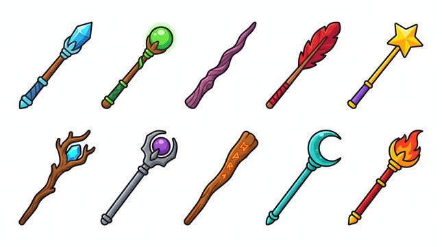 Colorful fantasy magic wands and wizard staffs collection for game design elements.