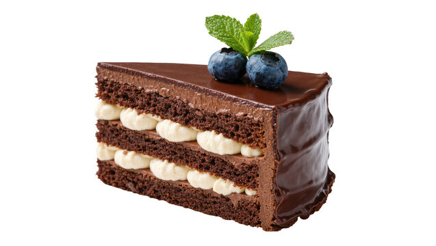 Decadent chocolate cake slice with cream filling blueberries and mint, isolated on transparent background