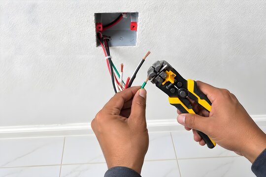 Electrician repairing residential electrical wiring in wall junction box using wire stripper and hand tools during professional home electrical repair and maintenance service work