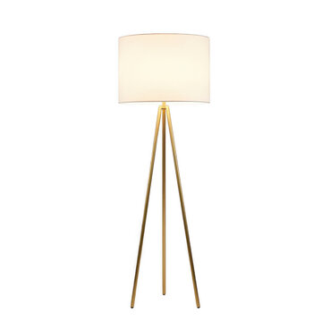 Contemporary tripod floor lamp with gold legs and white shade