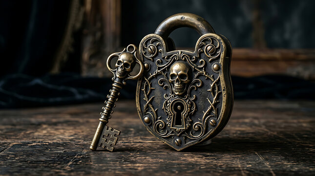Antique Ornate Brass Padlock and Matching Skeleton Key Featuring Detailed Skull Designs for Gothic Mystery and Horror Themes
