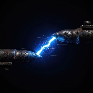 A high-voltage blue electrical arc flashes brilliantly between two dark, worn metallic electrodes in a deep black, atmospheric environment, electricity, discharge, voltage